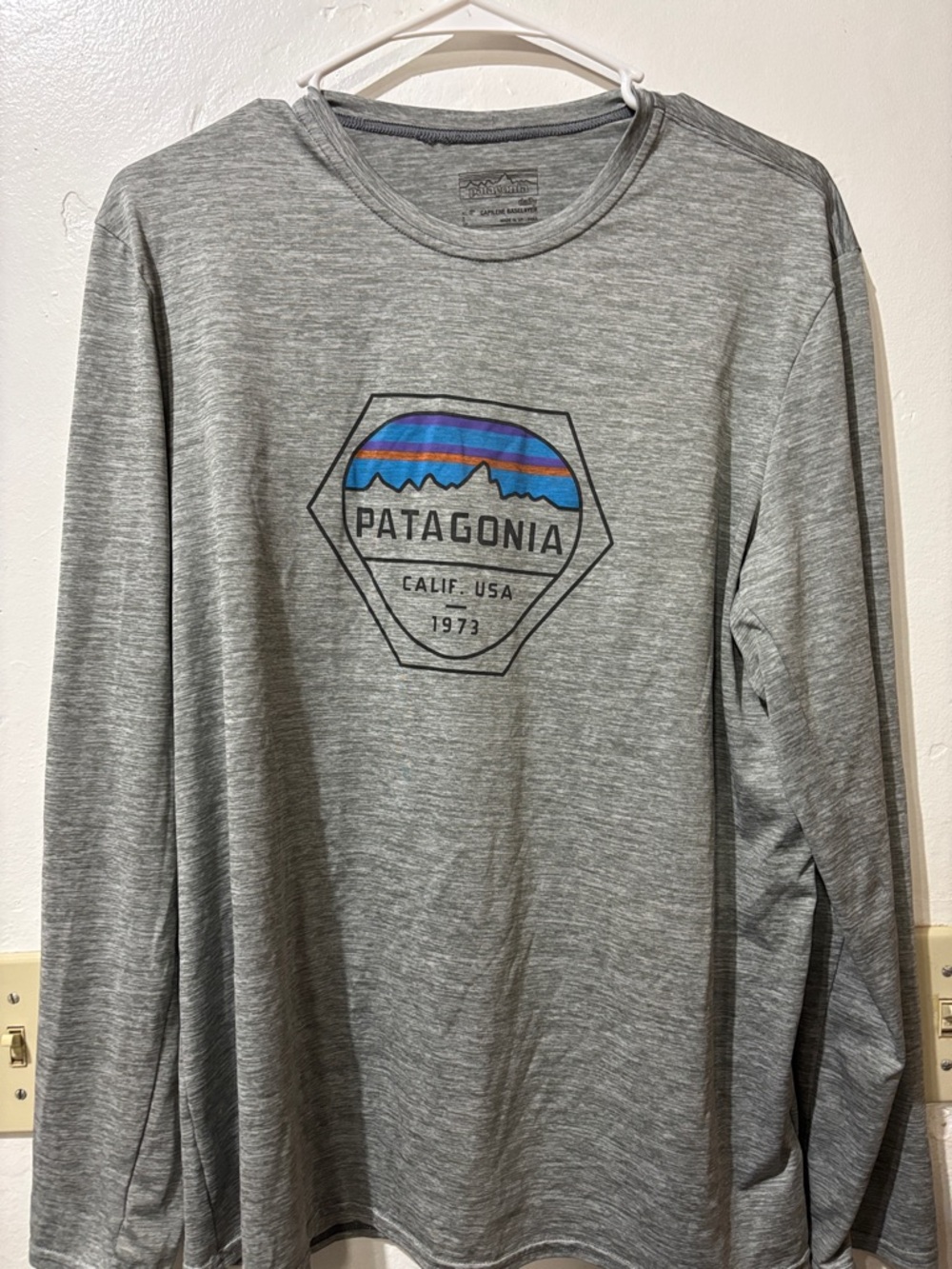 Patagonia Gray Long Sleeve Shirt with Blue & Purple Graphic Patch